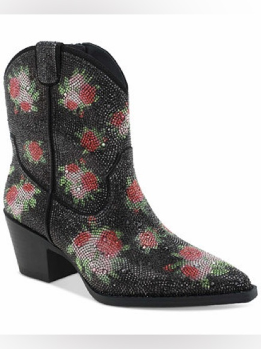 Black Floral Western Ankle Boot with Red Rose Accents